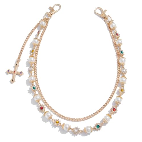 hongliang Layered Gold Silver Wallet Chains with Rhinestone Flower Pearl,Unisex Jean Pocket Chains for Men & Women,Fashion Punk Accessories for Bags,Wallets,Pants