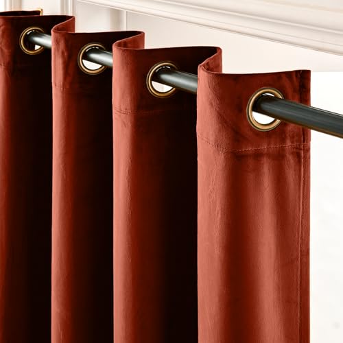 Image of Blackout Rust Red Velvet Curtains Grommet 52x96 Inch 2 Panels | Soft Velvet, For Bedroom & Living Space, Light Shifting Texture, Elegant Luxury Drape, Charming