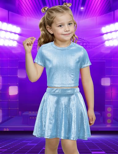 Image of Happy Cherry Kid Girl Shiny Skirt and Top Set 2 Piece Texture Ribbed Metallic Disco Rave Cheer Outfit 4-12T
