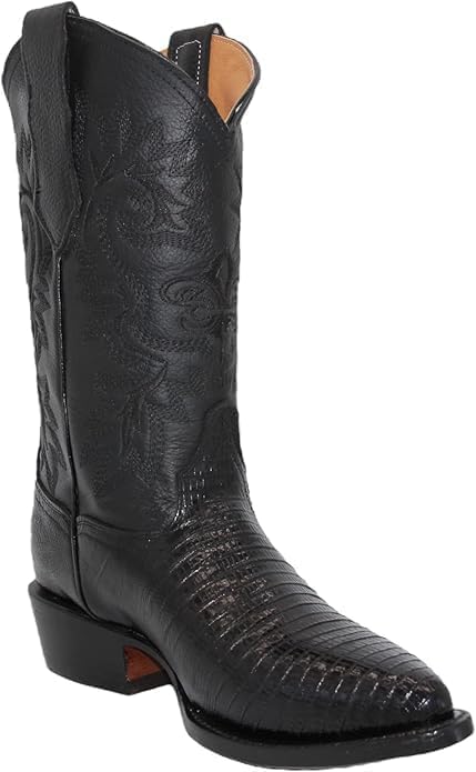 Men’s Exotic Genuine Leather Lizard Print J-Toe Cowboy Western Boots - Black