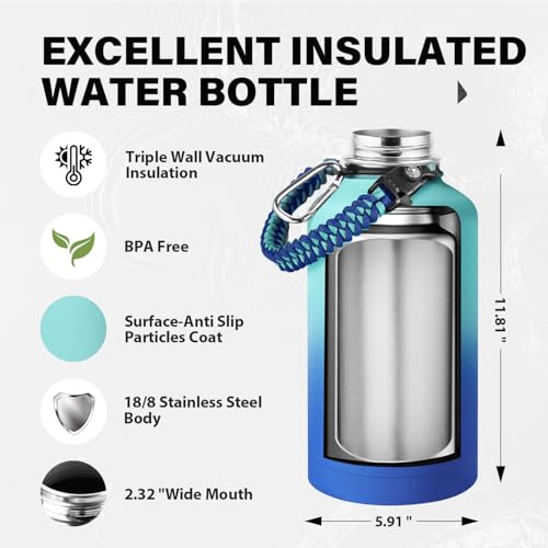 Image of One Gallon Insulated Water Bottle, Triple Wall 128 oz Stainless Steel Wide Mouth Water Bottles (Cold for 48 Hrs), Leak Proof, Non-BPA, Large Water Flask Jug with Paracord Handle & Straw Spout Lids