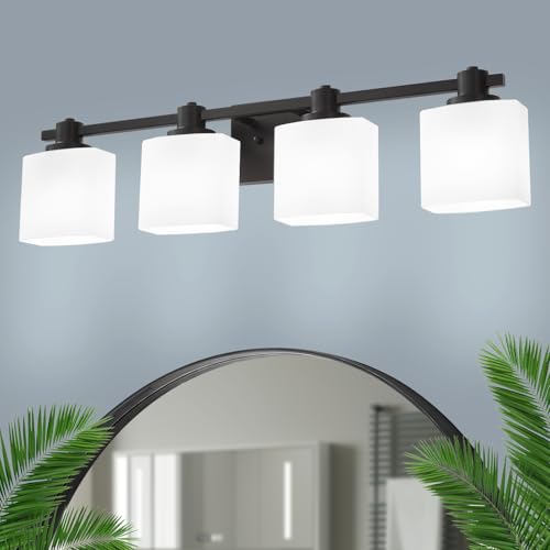 Image of 32 Inch Matte Black Bathroom Light Fixtures Over Mirror 4 Light Bathroom Vanity Light Milk Glass Makeup Shower Lamp Small Farmhouse Wall Sconce Modern Desk Vintage Rustic Bath Sink Lighting