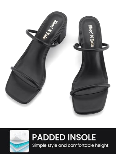 Image of Shoe'N Tale Strappy Heels for Women Square Open Toe Two Strap Low Block Heel Slip on Dressy Sandals Shoes