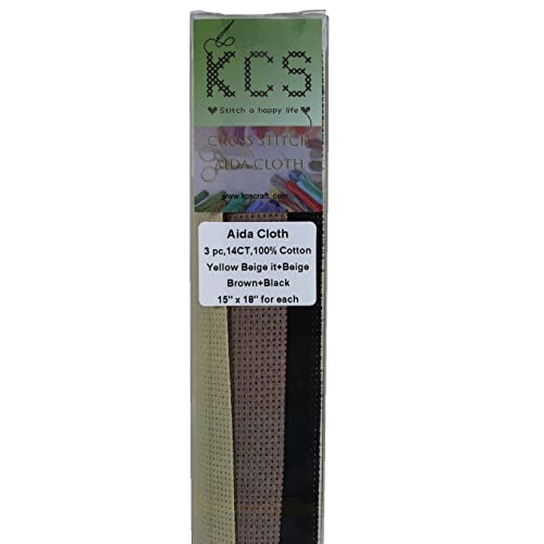 Image of KCS 3 pc of 15 inch x 18 inch Counted Cross Stitch Cotton Aida Cloth Needlework Fabric,14CT,Yellow Beige it+Beige Brown+Black