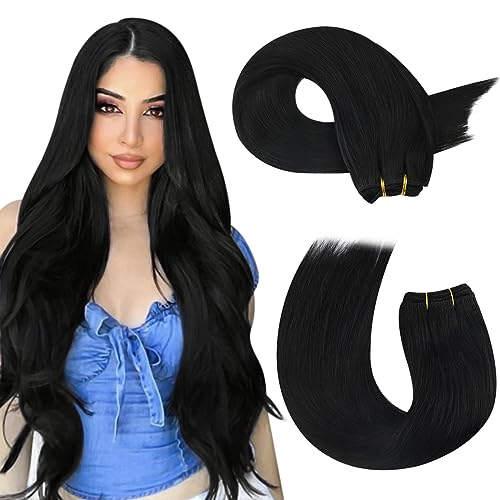 Moresoo Black Hair Extensions Weft Sew in Human Hair Extensions Remy Hair Wefts Real Human Hair 14 Inch 100G/Pack #1