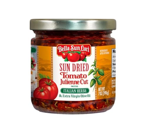 Bella Sun Luci Sun Dried Tomatoes Julienne Cut With Italian Herbs And Extra Virgin Olive Oil, Mediterranean Italian Style Sun-Ripened Tomatoes, Kosher, Vegan, Gluten-Free, Premium Ingredient For Pasta, Pizza & Salads