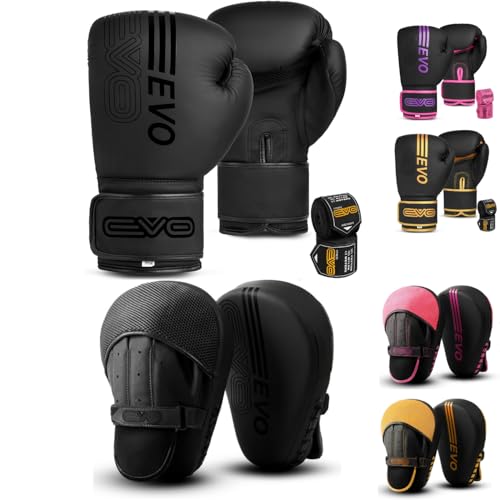 EVO Fitness Matte Black Boxing Gloves and Pads Set Punching Focus Mitts Hook and Jab Hand Target Strike Shield Training Sparring MMA Martial Arts Muay Thai Kickboxing Karate Men Women (14 OZ Black)
