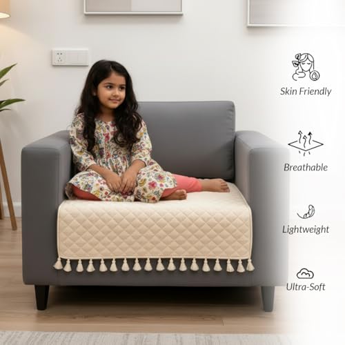 Image of HOMEMONDE 1 Seater Quilted Velvet Sofa Cover with Tassels |Soft, Durable & Premium Fabric with Tassels | Sofa Cover Mats for Living Room, Bedroom, or Drawing Room (76 X 61 CM, Beige)