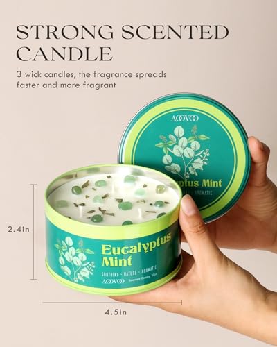 Image of AOOVOO Eucalyptus Mint Candle for Relaxation - 3 Wick 12oz Large Scented Candle with Green Aventurine & Eucalyptus Leaves Inside, Soy Candles Non Toxic for Meditation, Stress Relief, Energy Cleansing