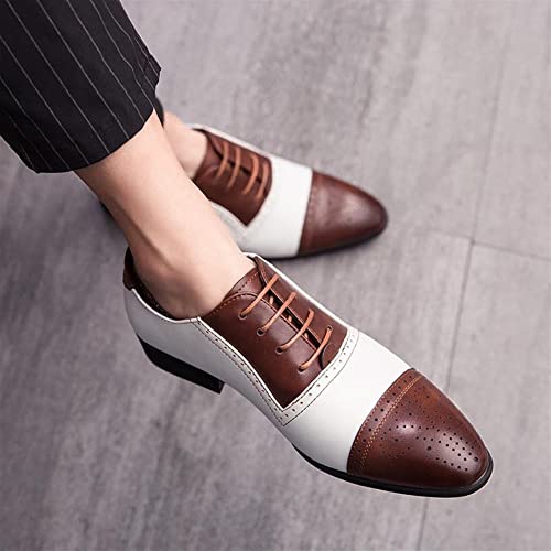 Dress Oxford Shoes for Men Lace Up Two Tone White and Brown Brogue Cap Toe Vegan Leather Low Top Slip Resistant Block Heel Prom(White Brown,10 M US)4