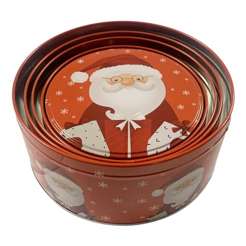 Set-of-5-Christmas-Cookie-Tins-Round-Nesting-Boxes-with-Lids-for-Gift-Giving-5-Sizes-Holiday-Containers-Cake-Candy-Jars-Circular-Metal-Boxes-Presents-for-Xmas-FestiveRed-Santa Set of 5 Christmas Cookie Tins Round Nesting Boxes with Lids for Gift Giving 5 Sizes Holiday Containers Cake Candy Jars Circular Metal Boxes Presents for Xmas FestiveRed Santa