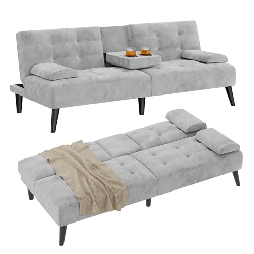 Image of Shintenchi Futon Sofa Bed, Velvet Foldable Couch, Reclining Sleeper with Removable Armrests, Upholstered Loveseat Sofa Couch with Folding Cup Holders for Home, Office, Light Gray