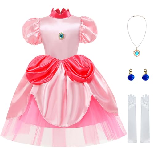 Miulruma Girls Princess Peach Costume for Kids Pink Princess Dress with Gloves Earrings Deluxe Princess Peach Costume Toddler Halloween Birthday Party Outfit MA152XL