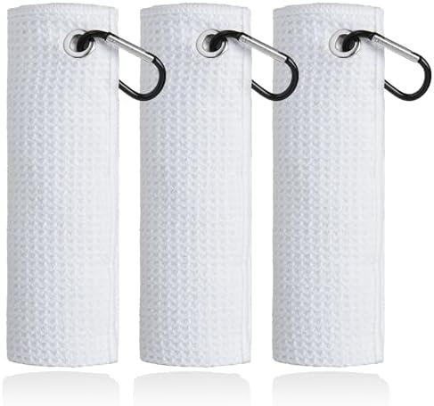 Mile High Life Microfiber Golf Towel 3 Pack, 16" X 16", Waffle Pattern Design with Carabiner Clip, Super Absorbent, Small Golf Ball Towels, Golf Bag Accessories for Men and Women, Golf Gift(White)
