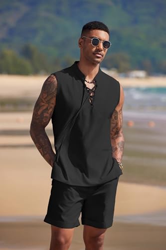 COOFANDY Men's Linen Sets 2 Piece Beach Outfits Lace Up Hippie Tank Tops Summer Casual Sleeveless Shirts Matching Shorts Set2