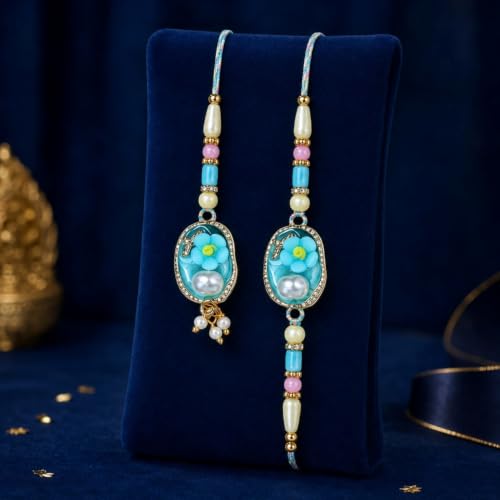 Image of DeoDap Rakhi with Chocolate for Bhai & Bhabhi - Stylish Rakhi for Bhai & Lumba for Bhabhi with Butter Scotch Chocolate, Silver Color Coin, Tilak Set & Greeting Card, Raksha Bandhan Combo Pack (K1 X5 BS32)