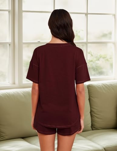 Image of KCW Pajamas for Women Set 2 Piece 100% Cotton Lounge Sets Short Sleeve Top and Shorts Pj Set Sleepwear Outfits