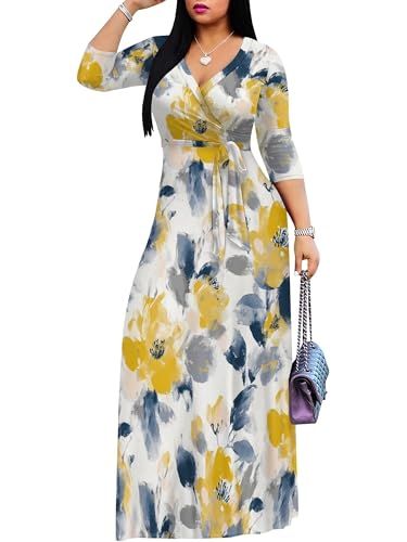 Image of PinkPatty Plus Size Maxi Dress for Women Casual V Neck 3 /4 Sleeve Boho Printed Long Dress with Pockets