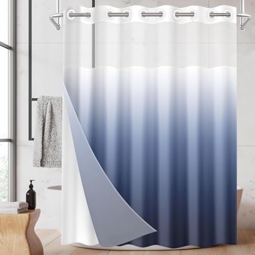 Nesphy No Hook Ombre Navy Blue Shower Curtain with Snap