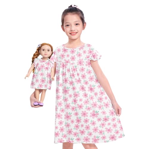 ICOSY Matching Doll & Girls Nightgowns Clothes Girls Pajamas Sleepwear Outfit for Kids and 18 Girl Doll Light Pink