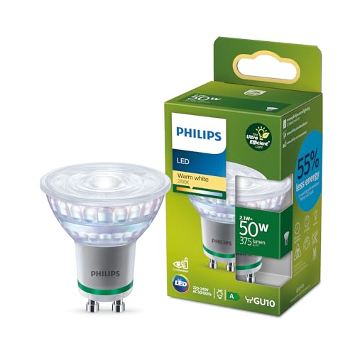 Philips Bombilla LED Clásica Tipo foco Philips Eficiente, Casquillo GU10 2.1W, 375 Lúmens, Luz Blanca Cálida 2700k, Clase Energetica A