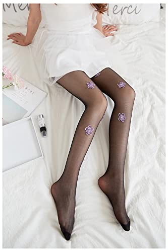 Image of Erinaco Women's Flower Pattern Sheer Footed Pantyhose Control Top Tights Stockings with Reinforced Toes
