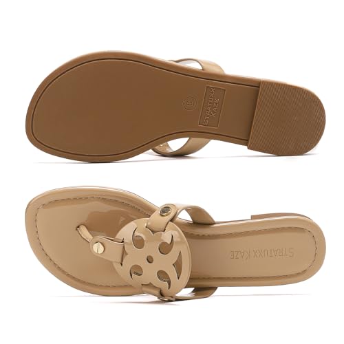 Stratuxx Kaze Women's Dressy Patent Leather Thong Sandals with Memory Foam,Comfy Beach Slides Slip On Flat Sandals for Women — view 4