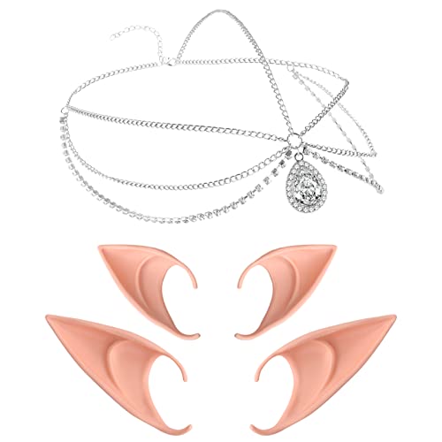 Elfenohren Schmuck Cosplay Fee Elfen Ohren Mond Kopf Kette Vintage Kristall Stirnband Tiara Weiche Spitze Haar Zubehör Fairy Elf Ears Anime Party Dress Up Kostüm Maskerade Ball Elfen Ohren Damen