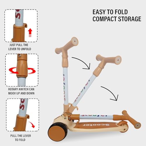 Image of NHR Foldable 3 Wheel Kick Scooter for Kids Up to 6 Years with Colorful LED Flashing Wheels, 4 Level Height Adjustable Handlebar, Tilt-to-Steer & Rear Press Brake Toy Boys Girls (Beige)