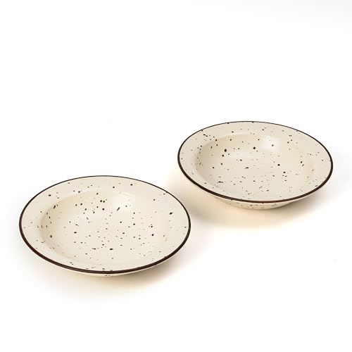 Image of Beyond Homes Ceramic Pasta Plates Shallow, 18cm, Set of 2 | Matte Finish Ceramic Pasta Bowl | Flat Stoneware Pasta & Maggie Bowl | Chip-Resistant | Microwave Safe (2, Off-White Spotted)