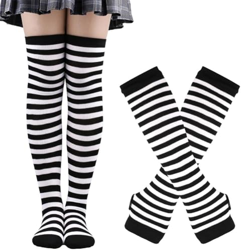 1 Pair Women's Over The Knee Socks For Thick Thighs Long Stockings Casual Striped Cotton Socks With Long Gloves Set2