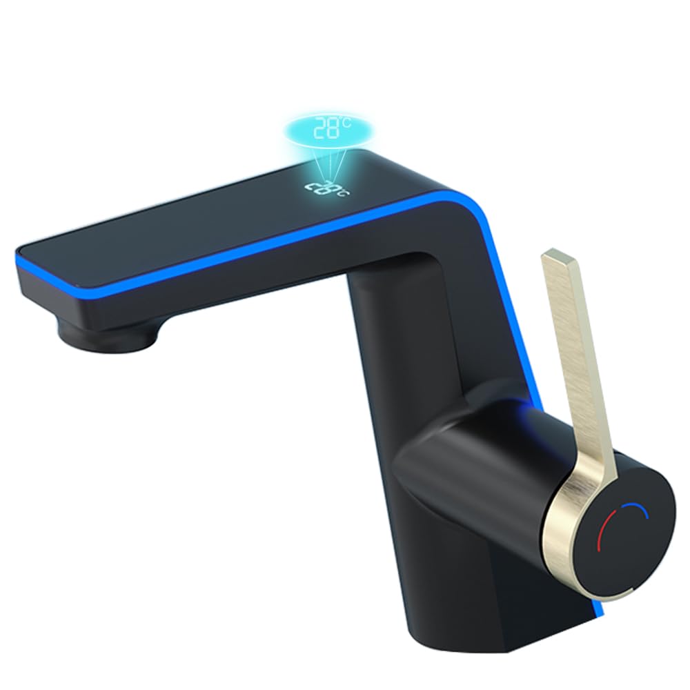 Grifos de baño de temperatura, sin visualización eléctrica de temperatura, grifos de lavabo de baño de un solo mango (moderno, negro dorado)