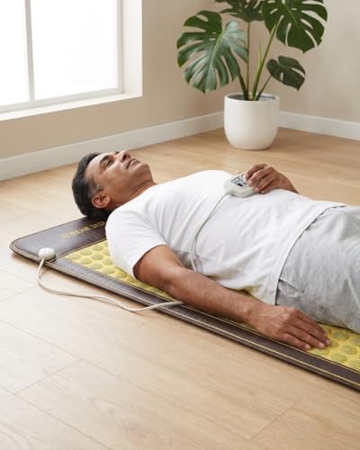 Image of CAREFIT Korean Jade Stone Far Infrared Heating Mat, Yellow, 80x190 cm | 253 Large 50mm Jade Stones | Mesh Covered Surface | Triple Foldable Design | Full Body Mat | Adjustable Heat | Home Wellness