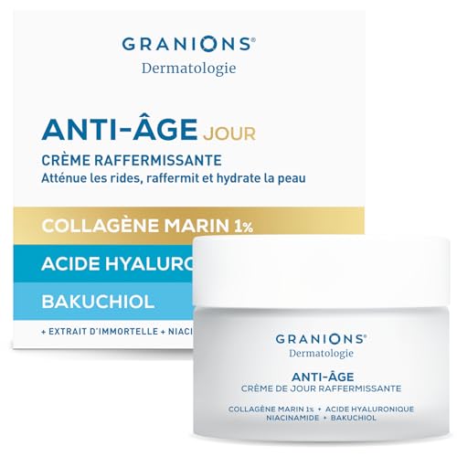 Creme ANTI RIDES Femme - Creme de JOUR - RAFFERMISSANTE - Hydratante Visage Action Anti Ride - Collagene marin, Acide Hyaluronique, Bakuchiol - Femme Collagene - GRANIONS - 50 ml