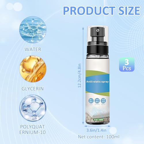 3 Flaschen Antistatik Spray Kleidung, Komfortabel Anti Static Spray kleidung, Reduzierung Statischer Elektrizität, Antistatikspray Haare für Textilien, Möbel und Auto (100 ml)