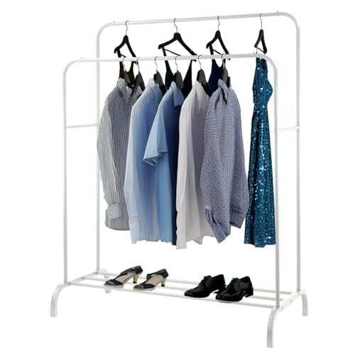 DJPF®️ Burro Perchero para Ropa Resistente – Blanco – Doble Barra y Estante Zapatero – 110x54x150 cm – Perchero de Pie Metálico para Entrada, Dormitorio o Vestidor,burro ropa, burro resistente