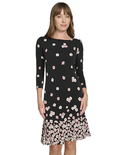 Image of Tommy Hilfiger Women's 3 /4 Sleeve Crew Neck Double Ruffle Hem Jersey Shift Mini Dress