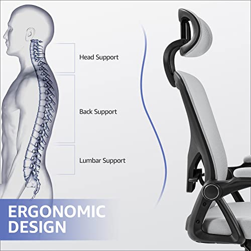 Topeakmart Mesh Office Chair Computer Desk Chair With Folding Padded Armrests And High Back Adjustable Headrest Ergonomic Task Chair With Movable Lumbar Support For Work Home And Study, Light Grey #TOP3