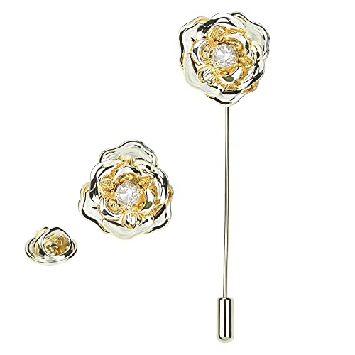 Image of Crystal Alloy Rose Flower Lapel Pins Button Pin Groom Boutonniere for Wedding Floral Brooch Pin Set for Women Men