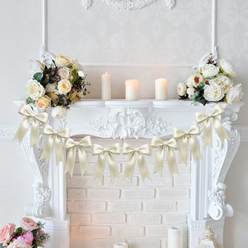 Image of 1 String of 8PCS Ivory White Bow Garland Banner Decoration,Pre-Strung Satin Ribbon Ornaments for Birthday,Bachelorette Party,Bridal Shower,Wedding,Engagement,Baby Shower,Graduation Decor,Anniversary