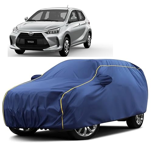 Image of Sulfar 100% Water Resistant Car Body Cover Compatible with Mirror for Toyota Wigo (Triple Stitched, Full Bottom Elastic, Blue Taffeta with Yellow Piping)