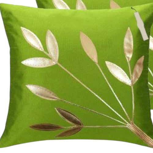 Image of Golden Floral Cushion Covers, 16x16 Inch, Cream Beige, Set of 5 (Green)