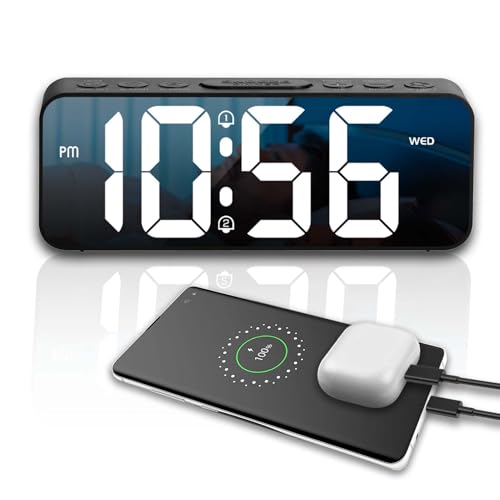 OWYELO Sveglia Digitale da Comodino con Specchio, Doppia Modalità Display (Ora e Ora/Data/Temperatura), 2 Allarmi, DST, Luminosità e Volume Regolabili, USB Cavo, Funzione Snooze, 12/24H
