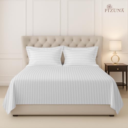 Image of Pizuna 100% Cotton Bedsheet Super King Size with 2 Pillow Covers, 300 Thread Count Long Staple Cotton, Stripes Pattern Flat Bed Sheet 108X108 Inch for Superking Bed, White