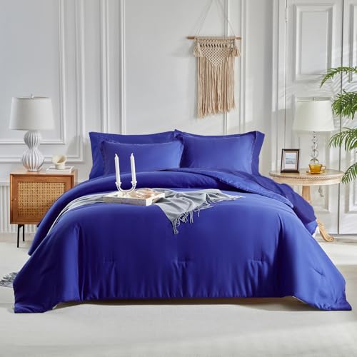 Image of Kids Comforter Sheet Set - Soft and Breathable Bed Set Includes Quilted Comforter, Fitted Sheet, Flat Top Sheet, Pillowcase and Pollowshams For Boys Girls - 7 Pieces Bed in a Bag Full Szie Navy