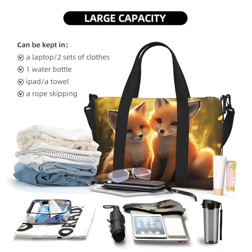 Sports Gym Bag for Women Men Travel Duffel Bag Tote Weekender Bag Carry on Overnight Bag for Travel Swimming Fitness Workout Sports Cute Foxes Duffle Bag4