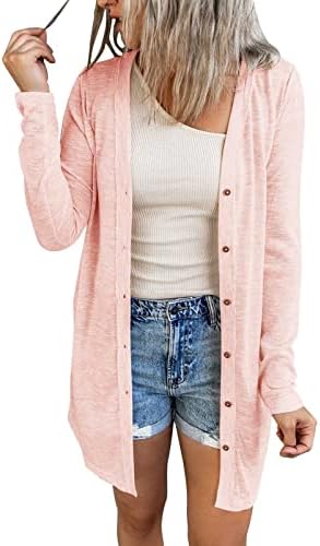 MEROKEETY Women's Open Front Lightweight Cardigan Long Sleeve Button Down Loose Outwear, LightPink, L