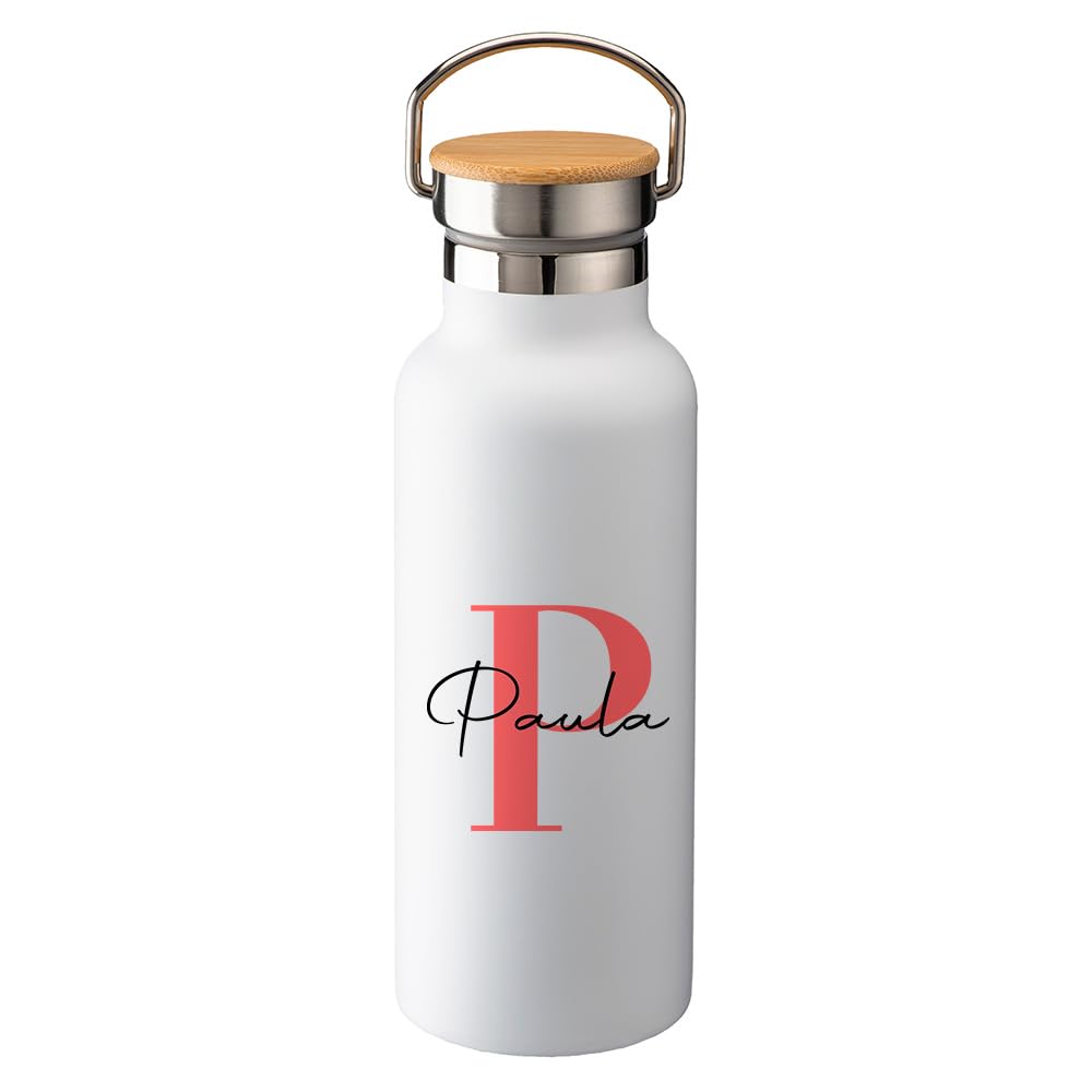 Genérico Botella térmica personalizada inicial y nombre 500 ml bambú, acero inox