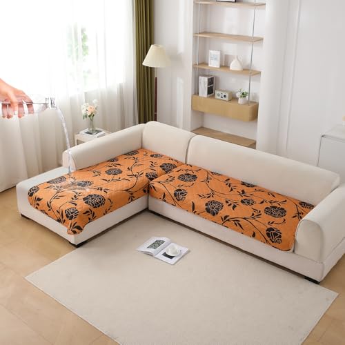 Image of HOKIPO 'Elira Series' Printed Water Repellent + Waterproof Quick Dry L Shape (3+2 Seater) Sofa Seat Cover Mat, Copper Brown Floral (AR-5249-C8 + AR-5246-C8)