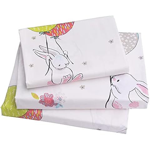 J-pinno Cute Cartoon Rabbit Bunny 100% Cotton 3 Pieces Twin Sheet Set for Kids Girls Children Flat Sheet + Fitted Sheet + Pillowcase Bedding Decoration Gift Set Cover